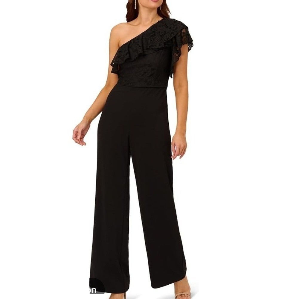 Adrianna Papell Women Black Lace Crepe One Shoulder Jumpsuit 24W Formal Wide Leg